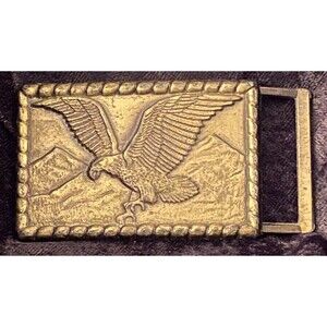 Vtg 70s Soaring Eagle Over Mountains Rectangular Metal Belt Buckle Rope Border